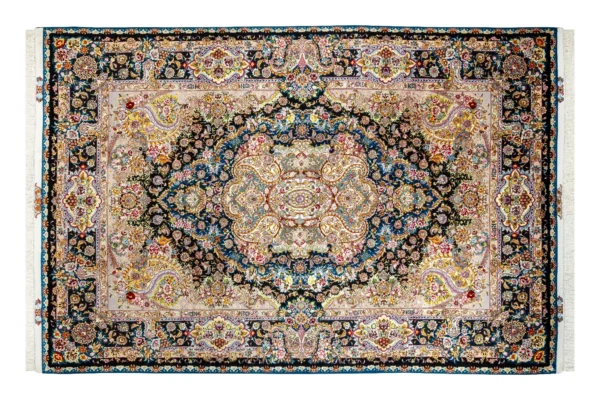 alt="Large hand-knotted Tabriz rug – Desert Radiance by Parsa Rugs, 60 Raj fine wool & silk"