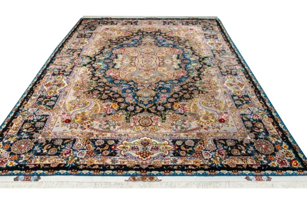alt="Large hand-knotted Tabriz rug – Desert Radiance by Parsa Rugs, 60 Raj fine wool & silk"