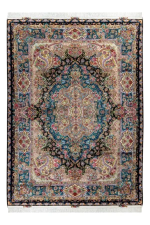 Persian hand-knotted Tabriz rug in 60 Raj quality, featuring Salaari's signature floral medallion design, crafted from fine wool and silk, measuring approximately 9 square meters – Azure Mirage by Parsa Rugs