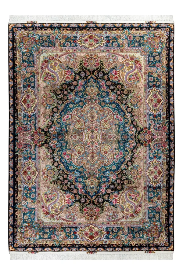 Persian hand-knotted Tabriz rug in 60 Raj quality, featuring Salaari's signature floral medallion design, crafted from fine wool and silk, measuring approximately 9 square meters – Azure Mirage by Parsa Rugs
