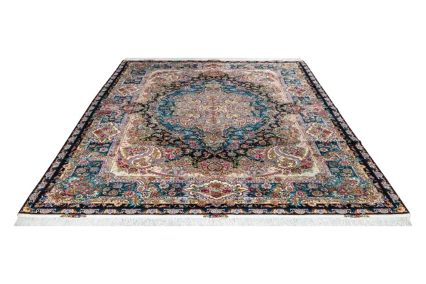 Persian hand-knotted Tabriz rug in 60 Raj quality, featuring Salaari's signature floral medallion design, crafted from fine wool and silk, measuring approximately 9 square meters – Azure Mirage by Parsa Rugs
