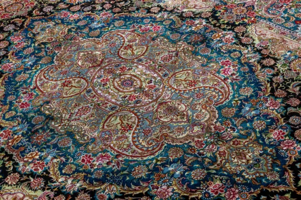Persian hand-knotted Tabriz rug in 60 Raj quality, featuring Salaari's signature floral medallion design, crafted from fine wool and silk, measuring approximately 9 square meters – Azure Mirage by Parsa Rugs