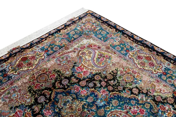 Persian hand-knotted Tabriz rug in 60 Raj quality, featuring Salaari's signature floral medallion design, crafted from fine wool and silk, measuring approximately 9 square meters – Azure Mirage by Parsa Rugs