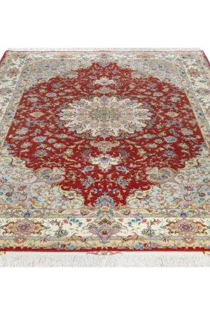 Authentic Persian Tabriz Olia rug in burgundy and ivory, hand-knotted in fine wool and silk, 6 sqm by Parsa Rugs