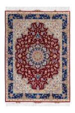 Parsa Rugs Persian Tabriz Olia rug, hand-knotted in wool and silk with sapphire blue border and burgundy medallion design, 3 sqm