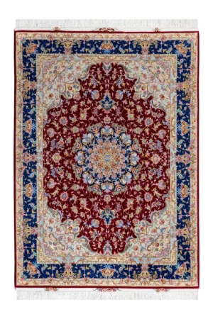 Parsa Rugs Persian Tabriz Olia rug, hand-knotted in wool and silk with sapphire blue border and burgundy medallion design, 3 sqm