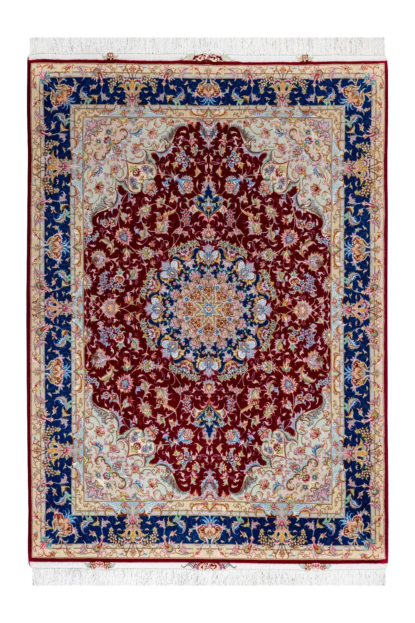 persian-authentic-tabriz-hand-knotted-rug-Olia-3 sqm-667-0 Parsa Rugs Persian Tabriz Olia rug, hand-knotted in wool and silk with sapphire blue border and burgundy medallion design, 3 sqm