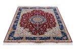 Parsa Rugs Persian Tabriz Olia rug, hand-knotted in wool and silk with sapphire blue border and burgundy medallion design, 3 sqm