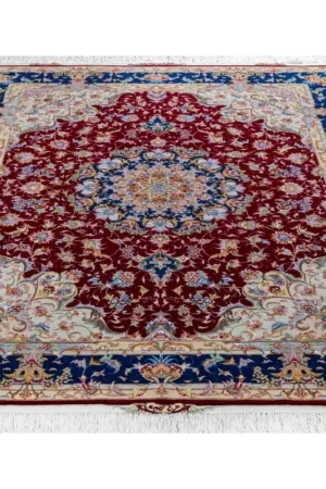 Parsa Rugs Persian Tabriz Olia rug, hand-knotted in wool and silk with sapphire blue border and burgundy medallion design, 3 sqm