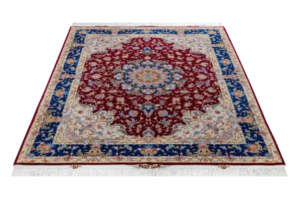 Parsa Rugs Persian Tabriz Olia rug, hand-knotted in wool and silk with sapphire blue border and burgundy medallion design, 3 sqm
