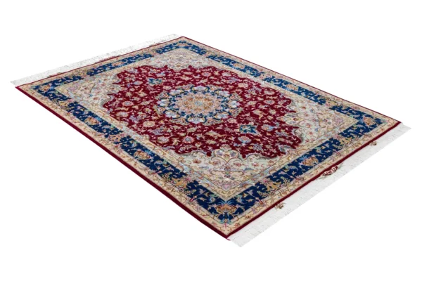 Parsa Rugs Persian Tabriz Olia rug, hand-knotted in wool and silk with sapphire blue border and burgundy medallion design, 3 sqm