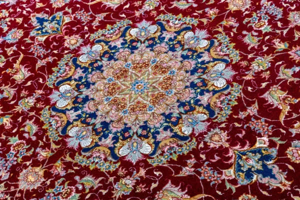 Parsa Rugs Persian Tabriz Olia rug, hand-knotted in wool and silk with sapphire blue border and burgundy medallion design, 3 sqm