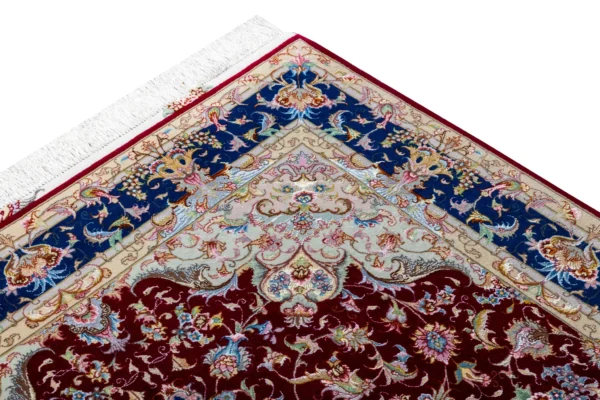 Parsa Rugs Persian Tabriz Olia rug, hand-knotted in wool and silk with sapphire blue border and burgundy medallion design, 3 sqm