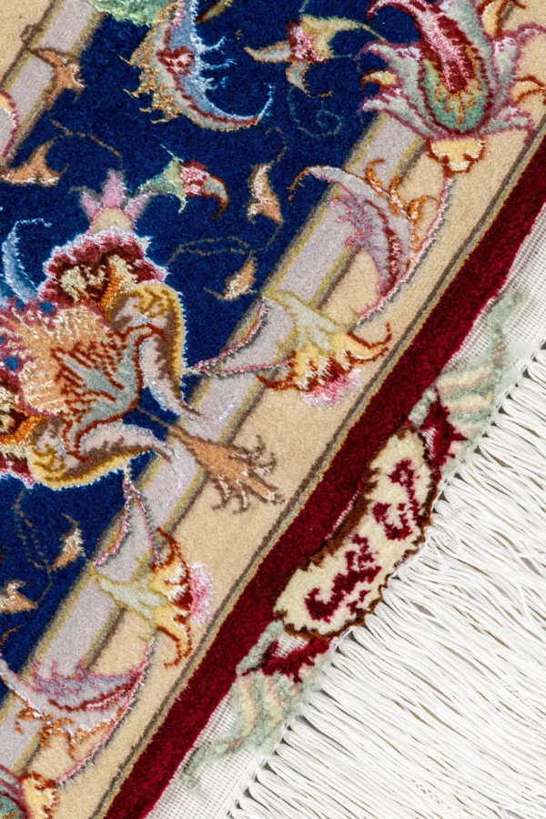 Parsa Rugs Persian Tabriz Olia rug, hand-knotted in wool and silk with sapphire blue border and burgundy medallion design, 3 sqm