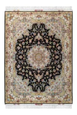 Hand-knotted Persian Tabriz rug in Olia design by Parsa Rugs, featuring black field with ivory border and intricate floral medallion – approx. 3 sqm.