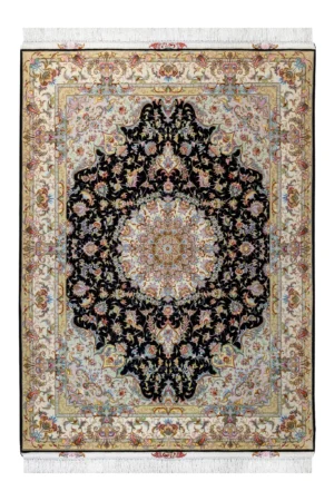 Hand-knotted Persian Tabriz rug in Olia design by Parsa Rugs, featuring black field with ivory border and intricate floral medallion – approx. 3 sqm.