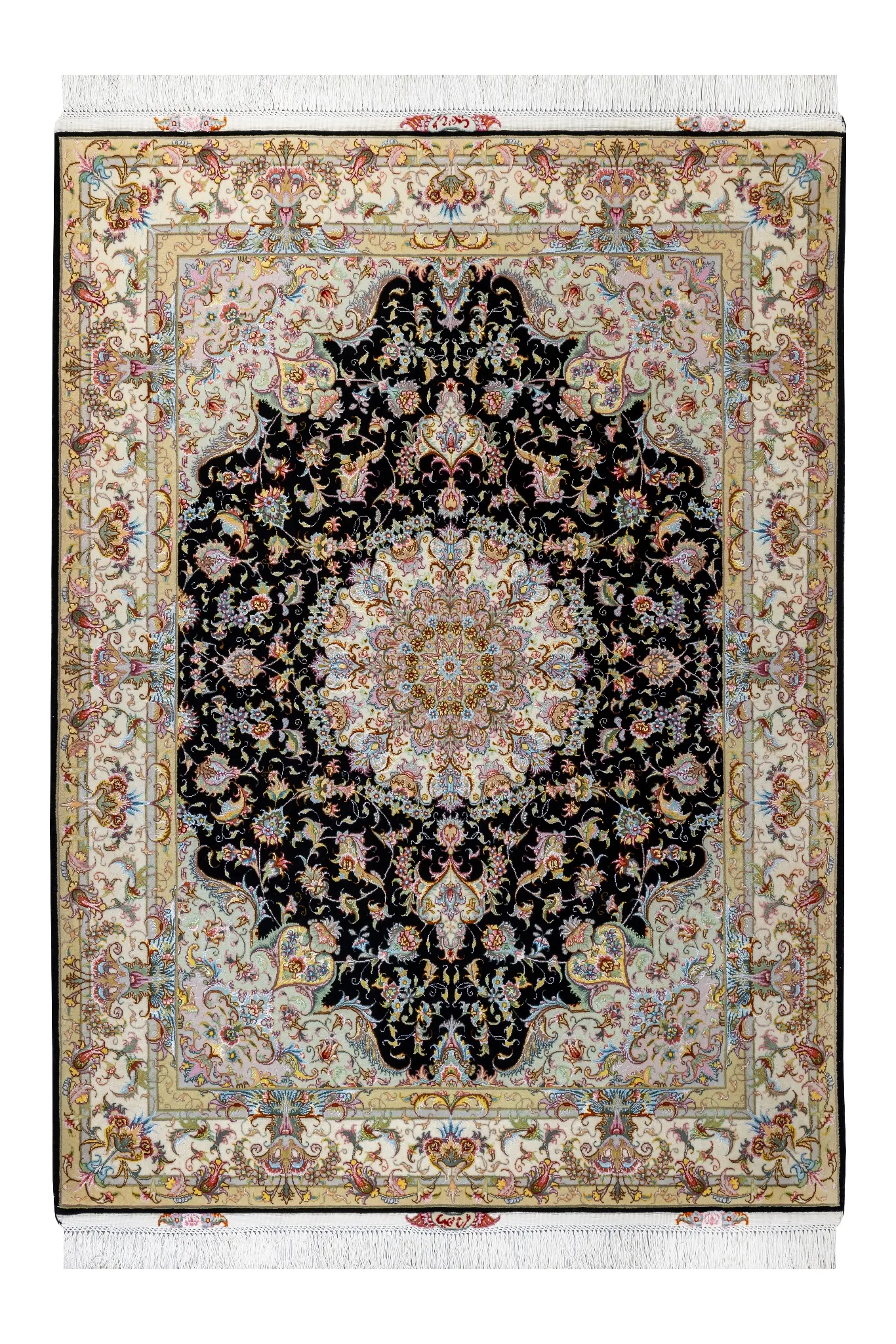persian-authentic-tabriz-hand-knotted-rug-Olia-3 sqm-941-0 Hand-knotted Persian Tabriz rug in Olia design by Parsa Rugs, featuring black field with ivory border and intricate floral medallion – approx. 3 sqm.