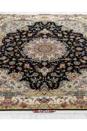 Hand-knotted Persian Tabriz rug in Olia design by Parsa Rugs, featuring black field with ivory border and intricate floral medallion – approx. 3 sqm.