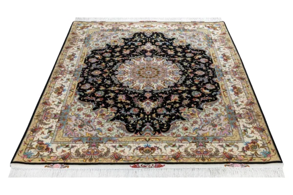 Hand-knotted Persian Tabriz rug in Olia design by Parsa Rugs, featuring black field with ivory border and intricate floral medallion – approx. 3 sqm.