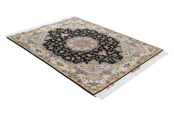 Hand-knotted Persian Tabriz rug in Olia design by Parsa Rugs, featuring black field with ivory border and intricate floral medallion – approx. 3 sqm.