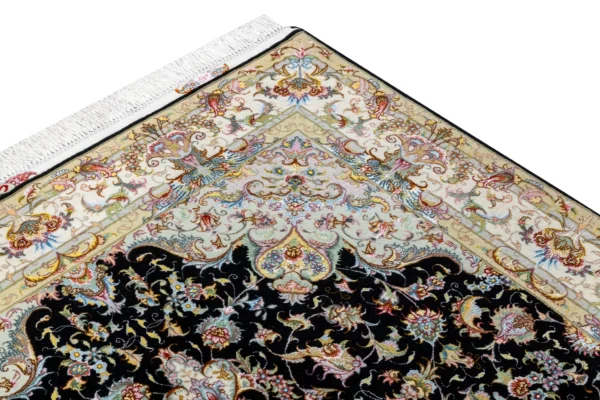 Hand-knotted Persian Tabriz rug in Olia design by Parsa Rugs, featuring black field with ivory border and intricate floral medallion – approx. 3 sqm.