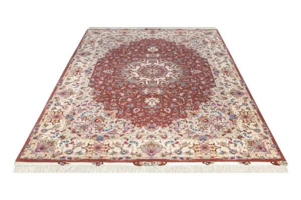 Twin set of hand-knotted Persian Olia rugs from Tabriz in terracotta and ivory tones – fine wool and silk on silk warp (6 sqm each) by Parsa Rugs.