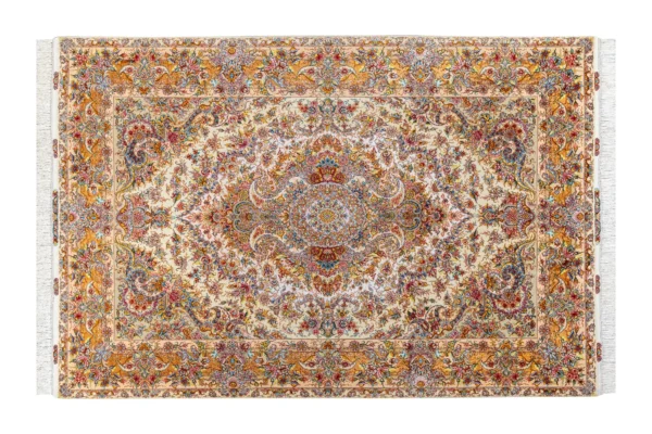 Hand-knotted Persian twin carpets from Tabriz in Khatibi design, ivory and golden floral medallion on fine wool and silk with silk warp, 60 Raj by Parsa Rugs.