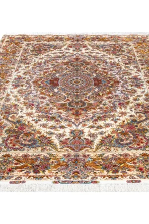 Hand-knotted Persian twin carpets from Tabriz in Khatibi design, ivory and golden floral medallion on fine wool and silk with silk warp, 60 Raj by Parsa Rugs.