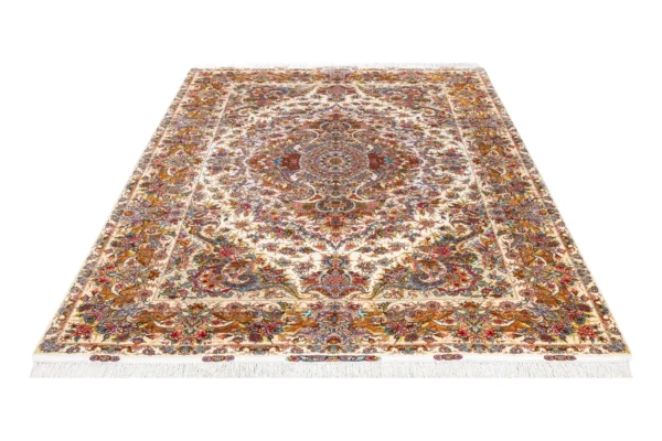 Hand-knotted Persian twin carpets from Tabriz in Khatibi design, ivory and golden floral medallion on fine wool and silk with silk warp, 60 Raj by Parsa Rugs.
