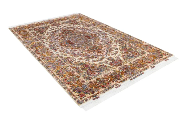 Hand-knotted Persian twin carpets from Tabriz in Khatibi design, ivory and golden floral medallion on fine wool and silk with silk warp, 60 Raj by Parsa Rugs.