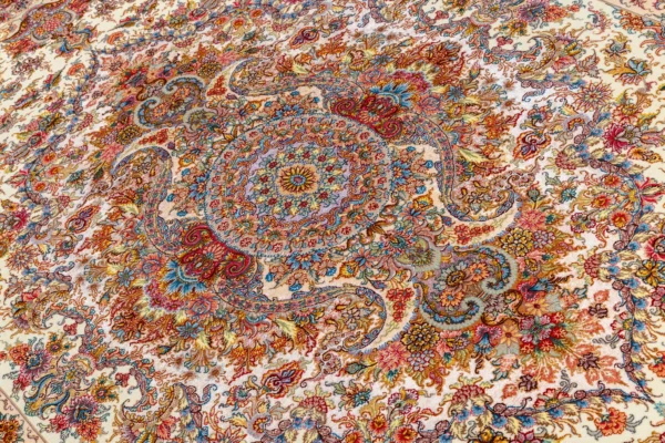 Hand-knotted Persian twin carpets from Tabriz in Khatibi design, ivory and golden floral medallion on fine wool and silk with silk warp, 60 Raj by Parsa Rugs.