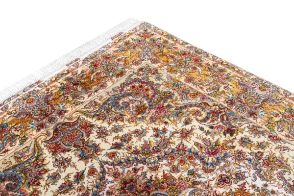 Hand-knotted Persian twin carpets from Tabriz in Khatibi design, ivory and golden floral medallion on fine wool and silk with silk warp, 60 Raj by Parsa Rugs.