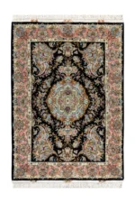 Persian Tabriz Khatibi carpet hand-knotted with floral motif in fine wool and silk, 60 Raj knots, black field
