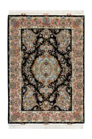 Persian Tabriz Khatibi carpet hand-knotted with floral motif in fine wool and silk, 60 Raj knots, black field