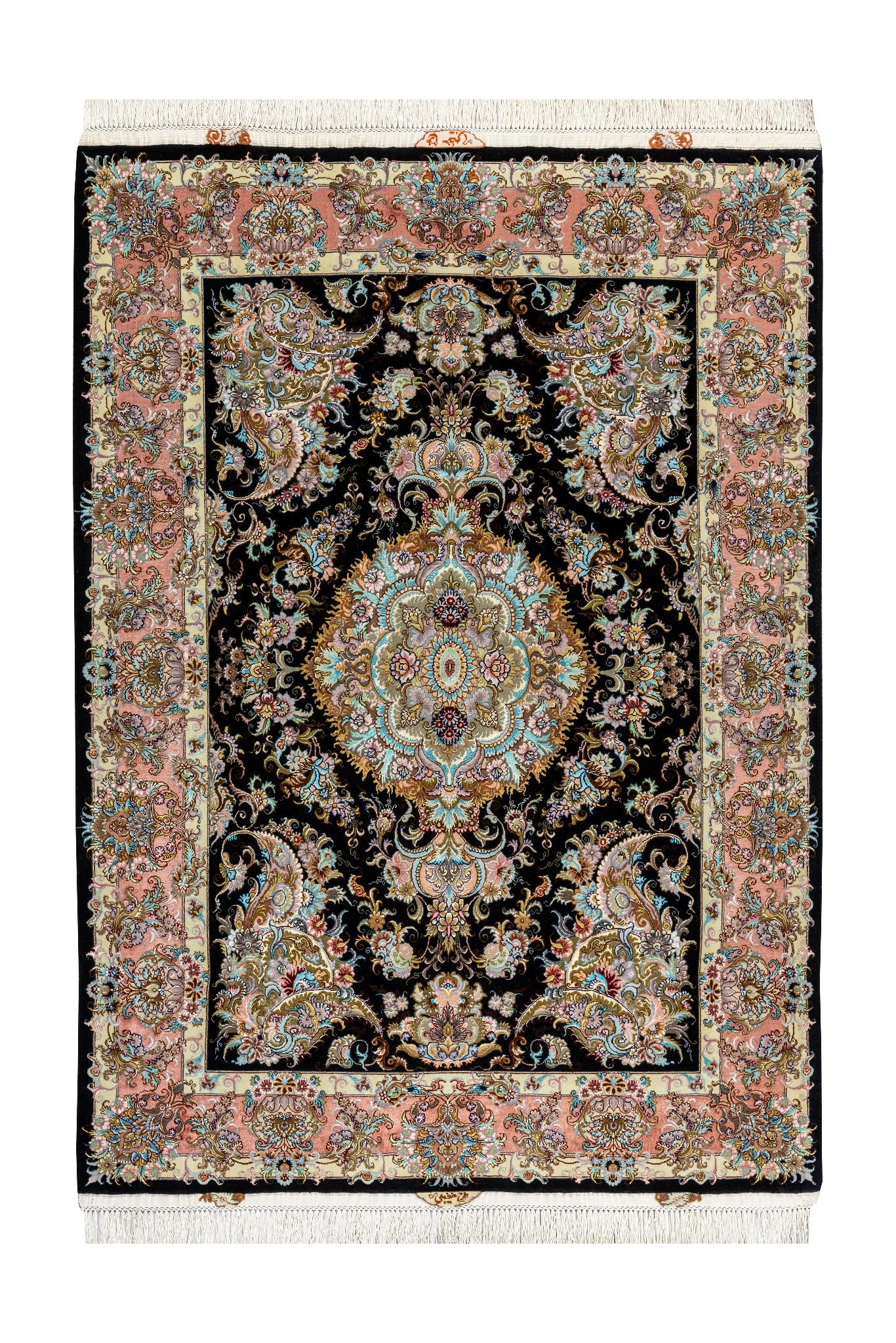 persian-hand-knotted-tabriz-khatibi-carpet-204-0 Persian Tabriz Khatibi carpet hand-knotted with floral motif in fine wool and silk, 60 Raj knots, black field