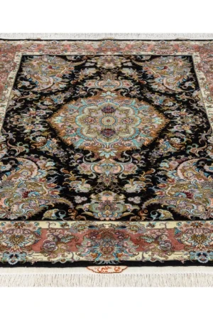 Persian Tabriz Khatibi carpet hand-knotted with floral motif in fine wool and silk, 60 Raj knots, black field