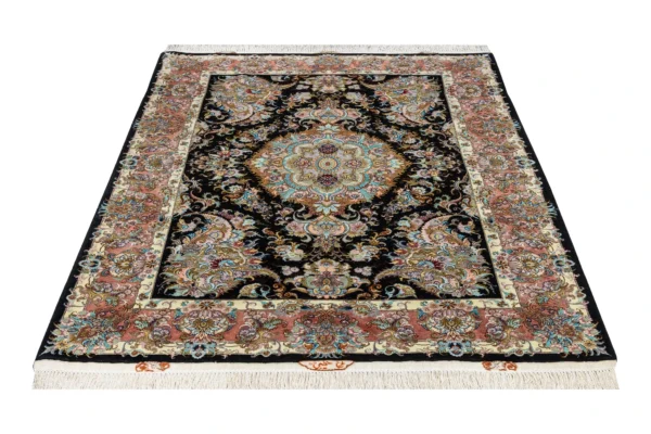 Persian Tabriz Khatibi carpet hand-knotted with floral motif in fine wool and silk, 60 Raj knots, black field