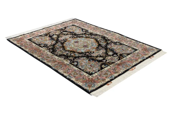 Persian Tabriz Khatibi carpet hand-knotted with floral motif in fine wool and silk, 60 Raj knots, black field