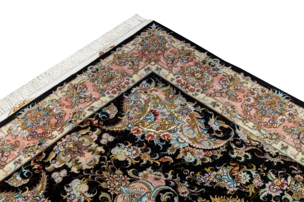 Persian Tabriz Khatibi carpet hand-knotted with floral motif in fine wool and silk, 60 Raj knots, black field