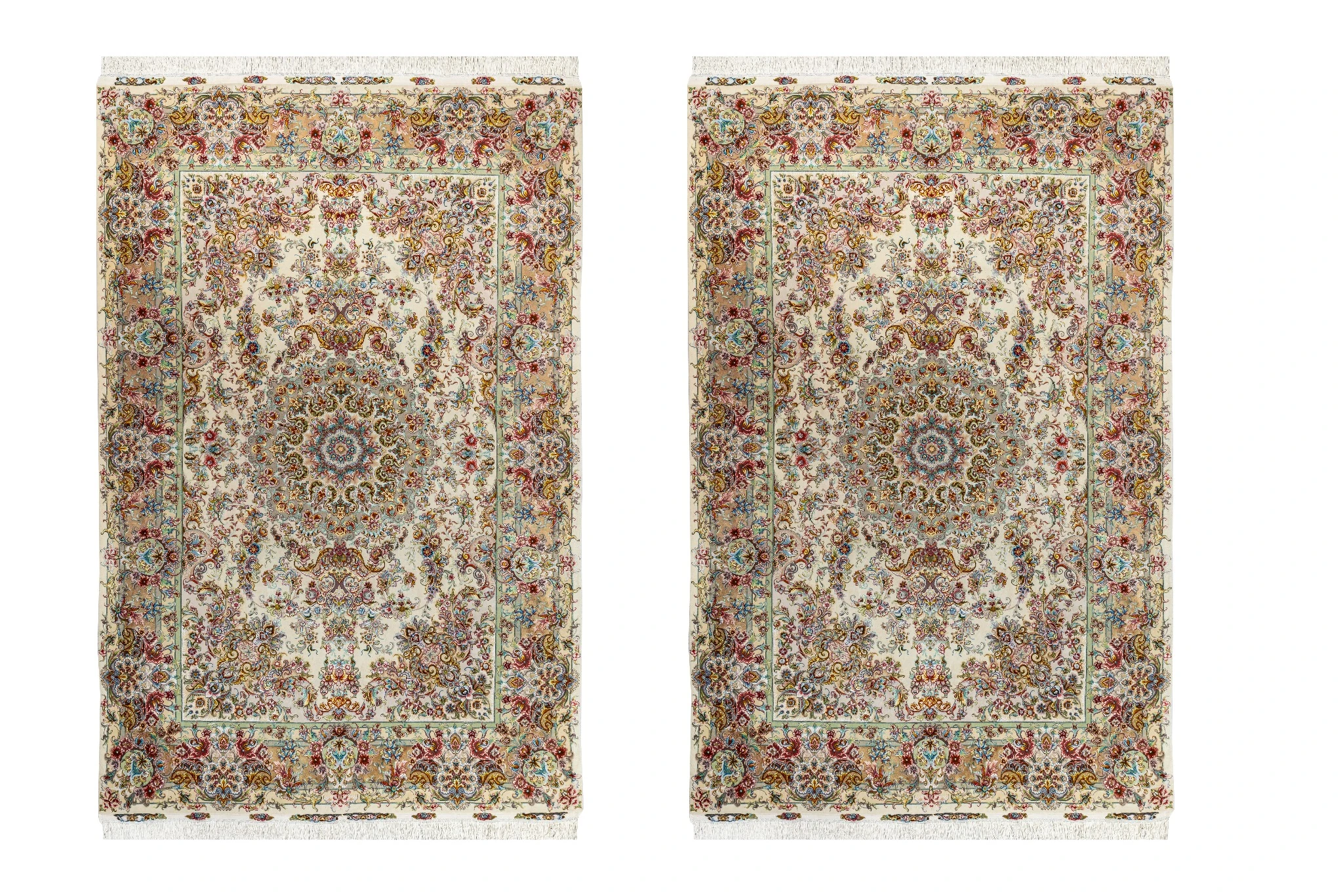 persian-hand-knotted-tabriz-khatibi-carpet-612-0-0 Twin hand-knotted Persian Tabriz Khatibi carpets with floral medallion on ivory background sold by Parsa Rugs
