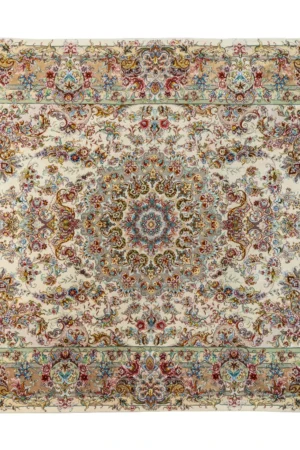 Twin hand-knotted Persian Tabriz Khatibi carpets with floral medallion on ivory background sold by Parsa Rugs