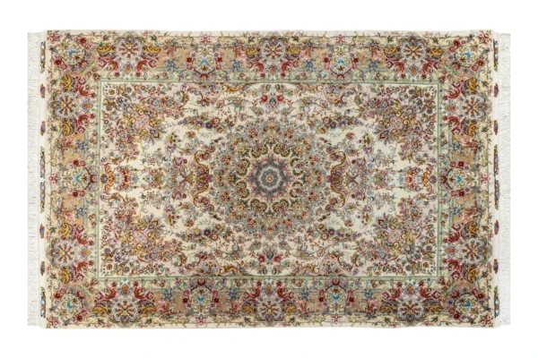 Twin hand-knotted Persian Tabriz Khatibi carpets with floral medallion on ivory background sold by Parsa Rugs