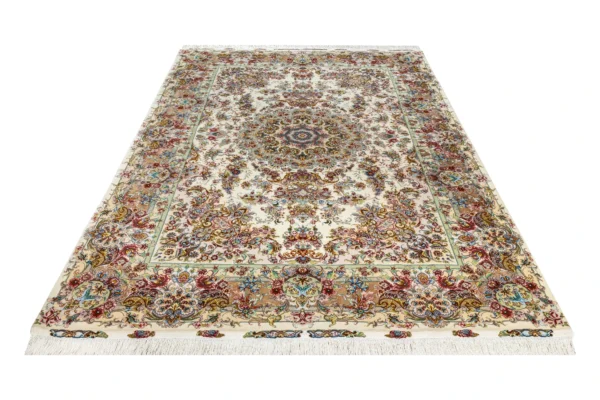 Twin hand-knotted Persian Tabriz Khatibi carpets with floral medallion on ivory background sold by Parsa Rugs