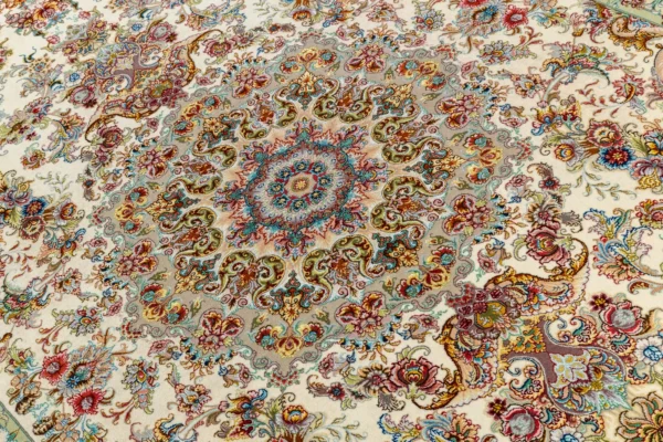 Twin hand-knotted Persian Tabriz Khatibi carpets with floral medallion on ivory background sold by Parsa Rugs
