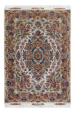 Persian hand-knotted Tabriz carpet with signature Khatibi floral motif, 60 Raj, fine wool and silk, measuring 2.10×1.54m – masterpiece craftsmanship from Iran.