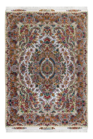 Persian hand-knotted Tabriz carpet with signature Khatibi floral motif, 60 Raj, fine wool and silk, measuring 2.10×1.54m – masterpiece craftsmanship from Iran.