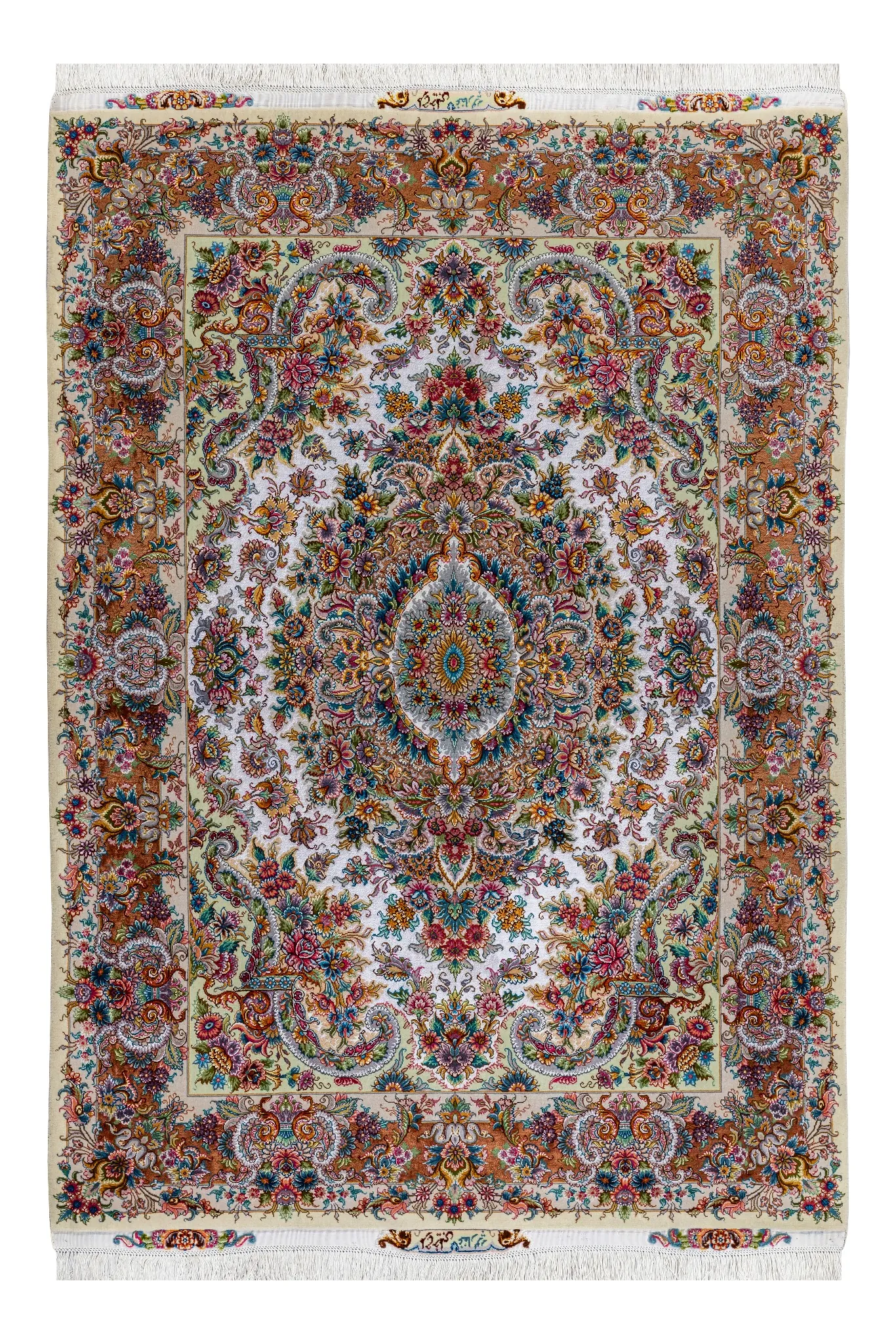 persian-hand-knotted-tabriz-khatibi-carpet-933-0-0 Persian hand-knotted Tabriz carpet with signature Khatibi floral motif, 60 Raj, fine wool and silk, measuring 2.10×1.54m – masterpiece craftsmanship from Iran.