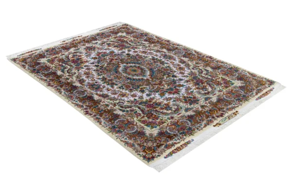 Persian hand-knotted Tabriz carpet with signature Khatibi floral motif, 60 Raj, fine wool and silk, measuring 2.10×1.54m – masterpiece craftsmanship from Iran.