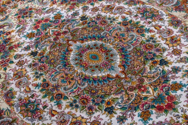 Persian hand-knotted Tabriz carpet with signature Khatibi floral motif, 60 Raj, fine wool and silk, measuring 2.10×1.54m – masterpiece craftsmanship from Iran.