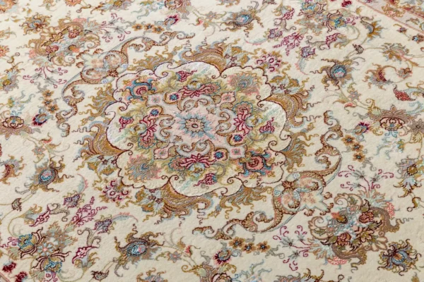 Persian hand-knotted Tabriz carpet 3 sqm, Hand-knotted on a silk warp with fine wool pile. Features silk in the floral motifs and the signature Khatibi design, fine rug with 55 Raj knot density (55 knots per 7 cm). A timeless collectible masterpiece handwoven in Tabriz.